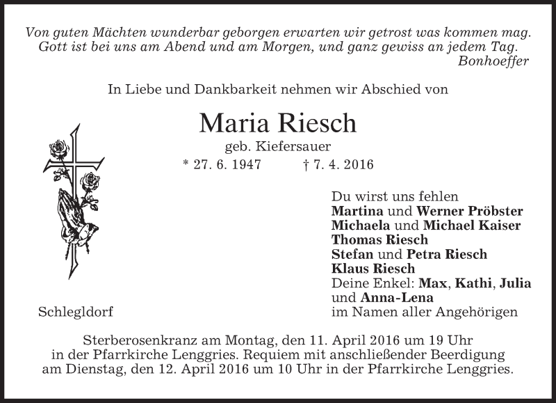  Traueranzeige für Maria Riesch vom 09.04.2016 aus merkurtz