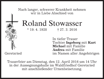 Traueranzeige von Roland Stowasser von merkurtz