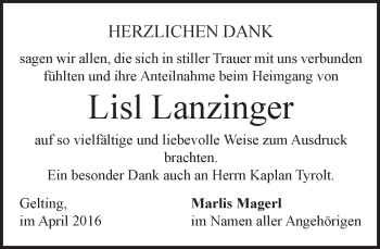 Traueranzeige von Lisl Lanzinger von merkurtz