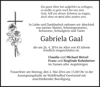 Traueranzeige von Gabriela Gaal von merkurtz