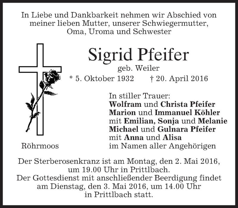  Traueranzeige für Sigrid Pfeifer vom 30.04.2016 aus merkurtz