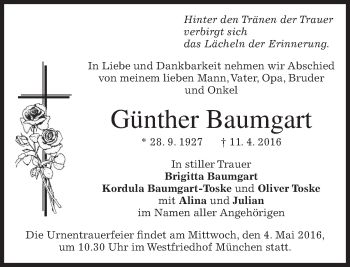Traueranzeige von Günther Baumgart von merkurtz