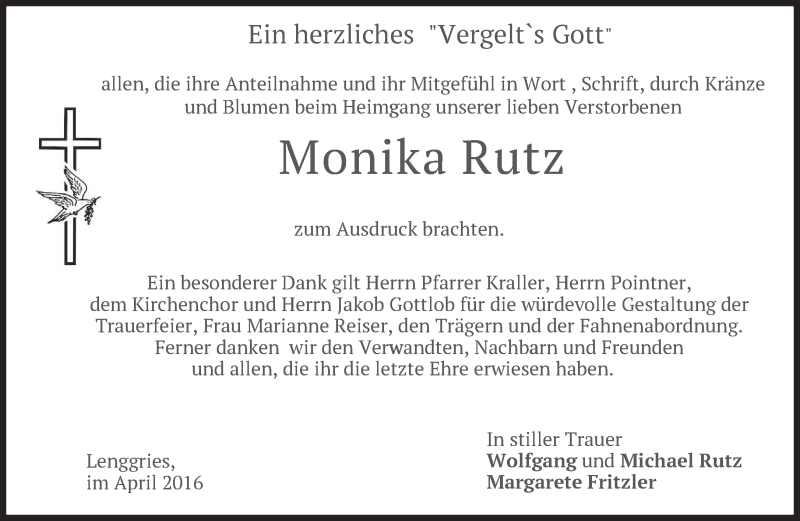  Traueranzeige für Monika Rutz vom 30.04.2016 aus merkurtz
