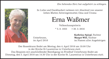 Traueranzeige von Erna Waßmer von merkurtz