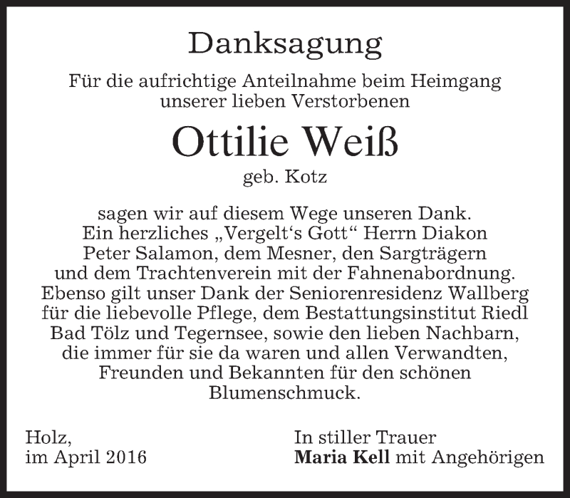  Traueranzeige für Ottilie Weiß vom 30.04.2016 aus merkurtz
