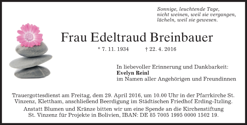  Traueranzeige für Edeltraud Breinbauer vom 27.04.2016 aus merkurtz