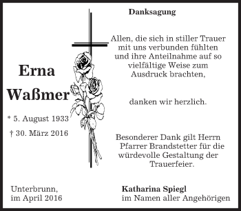 Traueranzeige von Erna Waßmer