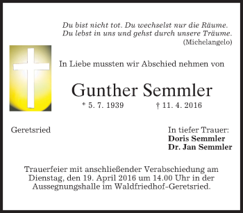 Traueranzeige von Gunther Semmler von merkurtz