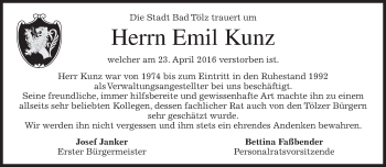 Traueranzeige von Emil Kunz von merkurtz