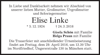 Traueranzeige von Elise Linke von merkurtz