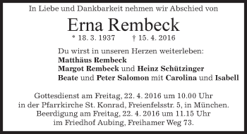 Traueranzeige von Erna Rembeck von merkurtz