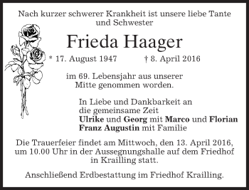Traueranzeige von Frieda Haager von merkurtz
