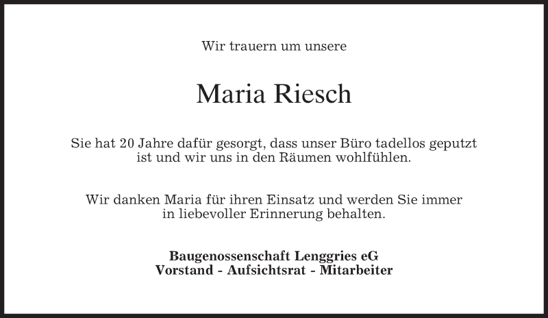  Traueranzeige für Maria Riesch vom 12.04.2016 aus merkurtz