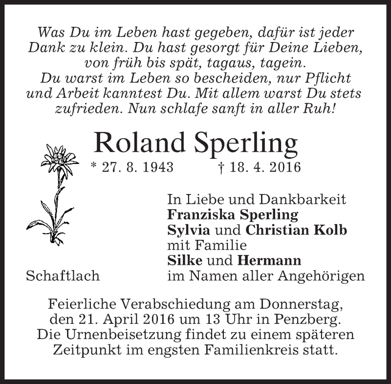  Traueranzeige für Roland Sperling vom 20.04.2016 aus merkurtz