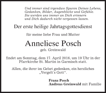 Traueranzeige von Anneliese Posch von merkurtz