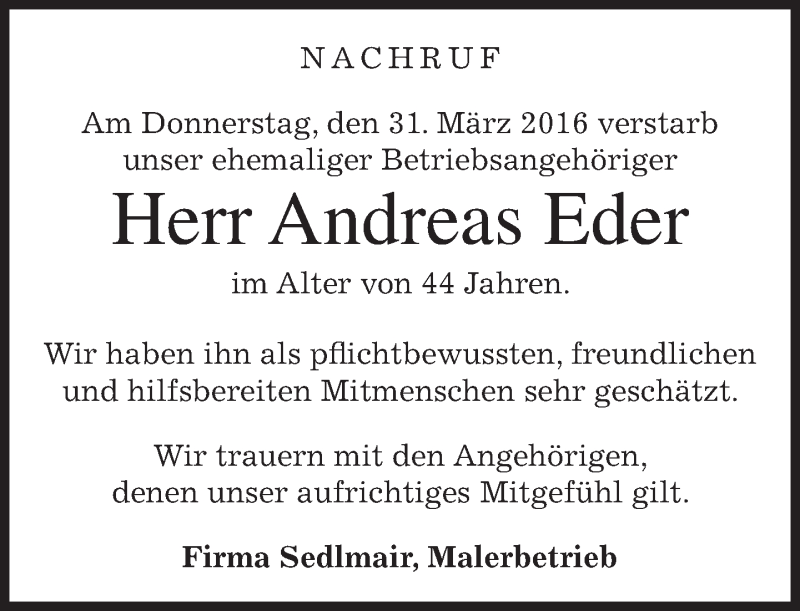 Traueranzeige für Andreas Eder vom 12.04.2016 aus merkurtz