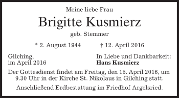 Traueranzeige von Brigitte Kusmierz von merkurtz