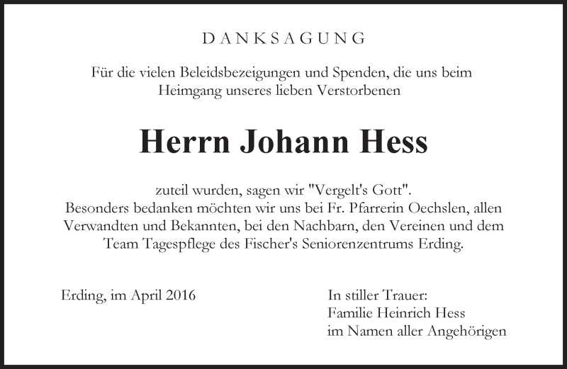  Traueranzeige für Johann Hess vom 02.04.2016 aus merkurtz