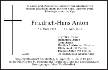 Traueranzeige von Friedrich-Hans Anton