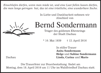 Traueranzeige von Bernd Sondermann von merkurtz