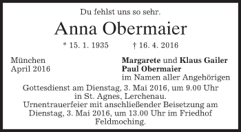 Traueranzeige von Anna Obermaier von merkurtz