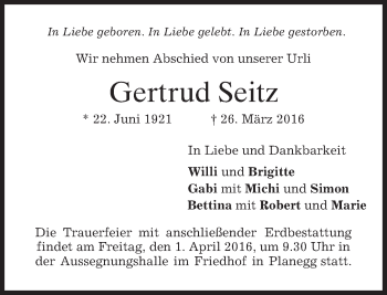 Traueranzeige von Gertrud Seitz von merkurtz