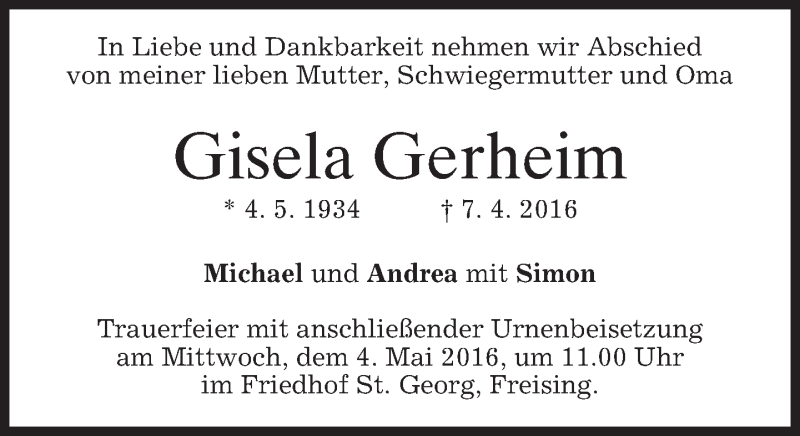 Traueranzeige für Gisela Gerheim vom 30.04.2016 aus merkurtz