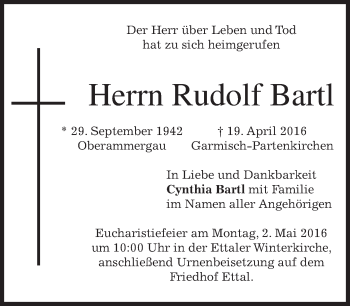 Traueranzeige von Rudolf Bartl von merkurtz