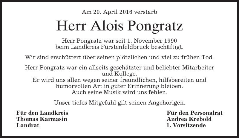  Traueranzeige für Alois Pongratz vom 23.04.2016 aus merkurtz