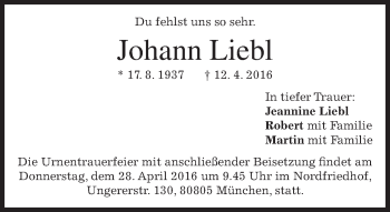 Traueranzeige von Johann Liebl von merkurtz