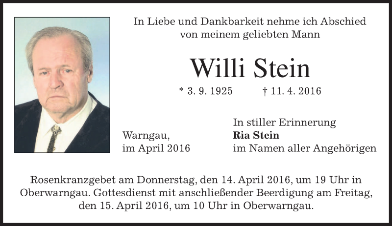  Traueranzeige für Willi Stein vom 13.04.2016 aus merkurtz