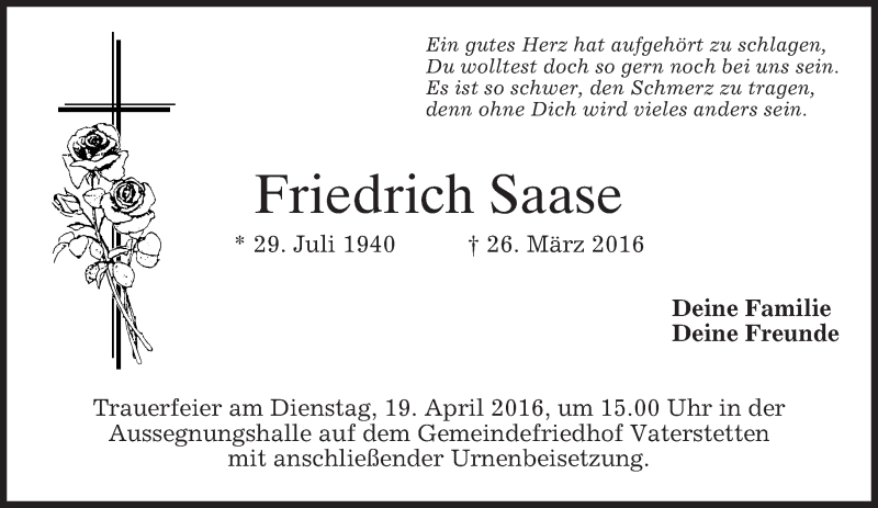  Traueranzeige für Friedrich Saase vom 13.04.2016 aus merkurtz