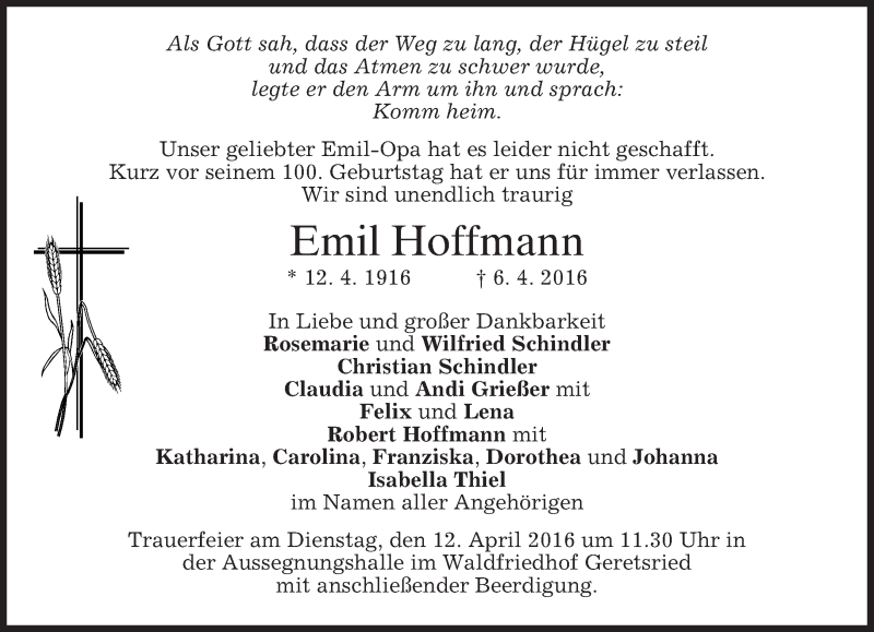  Traueranzeige für Emil Hoffmann vom 09.04.2016 aus merkurtz