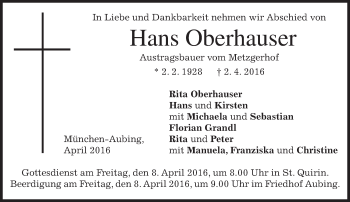 Traueranzeige von Hans Oberhauser von merkurtz