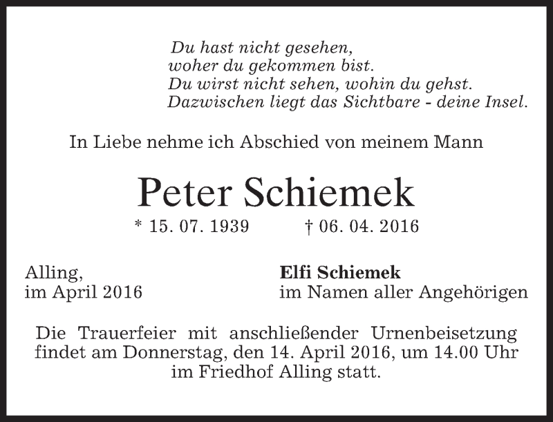  Traueranzeige für Peter Schiemek vom 12.04.2016 aus merkurtz