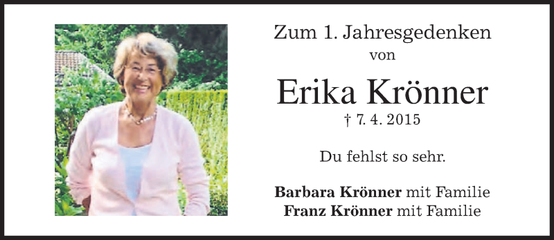  Traueranzeige für Erika Krönner vom 07.04.2016 aus merkurtz