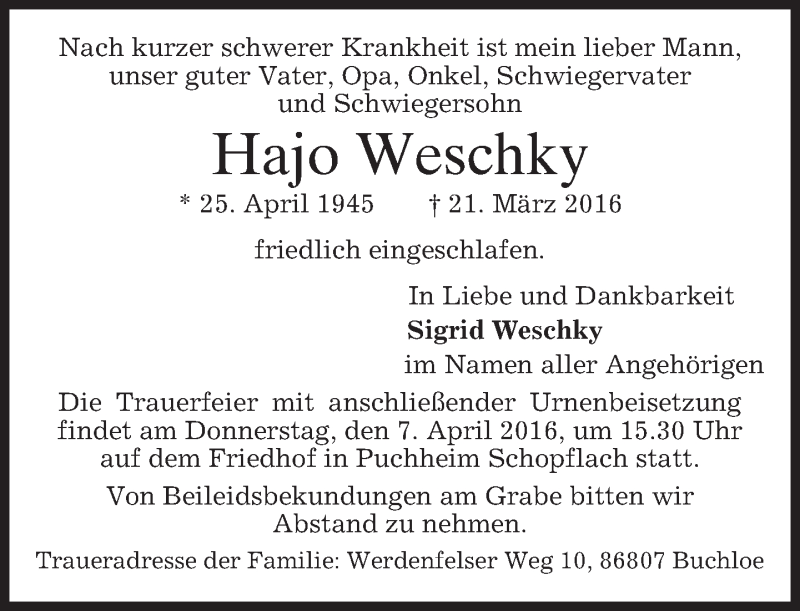  Traueranzeige für Hajo Weschky vom 02.04.2016 aus merkurtz