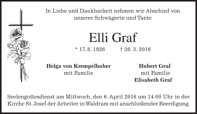  Traueranzeige für Elli Graf vom 04.04.2016 aus merkurtz