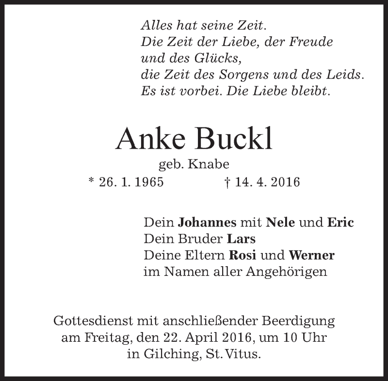  Traueranzeige für Anke Buckl vom 19.04.2016 aus merkurtz