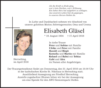 Traueranzeige von Elisabeth Gläsel von merkurtz