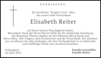 Traueranzeige von Elisabeth Reiter von merkurtz