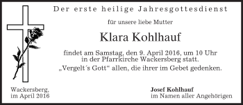 Traueranzeige von Klara Kohlhauf von merkurtz