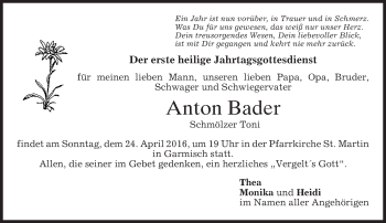 Traueranzeige von Anton Bader von merkurtz