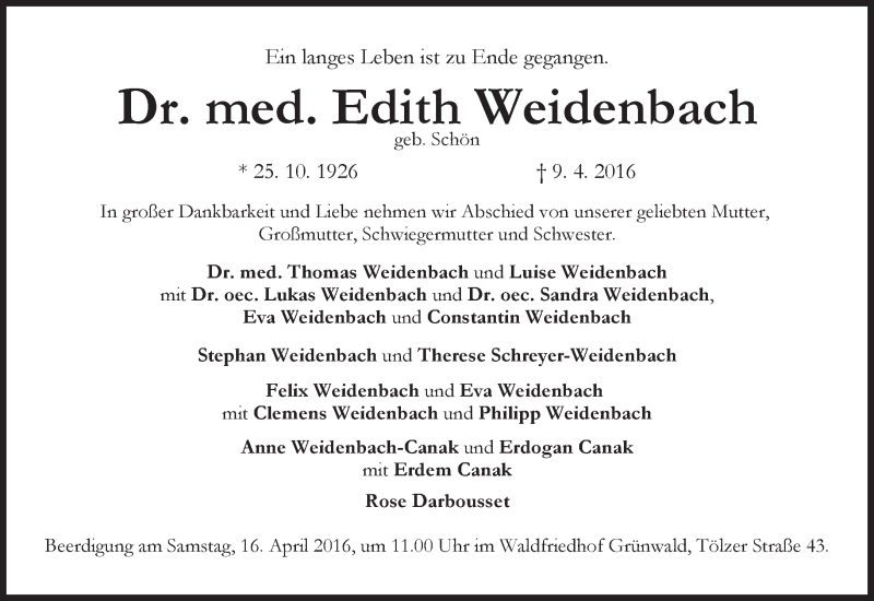  Traueranzeige für Edith Weidenbach vom 13.04.2016 aus merkurtz