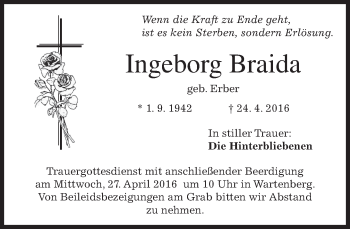Traueranzeige von Ingeborg Braida von merkurtz