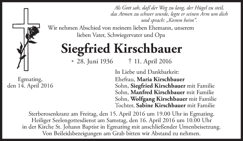  Traueranzeige für Siegfried Kirschbauer vom 14.04.2016 aus merkurtz