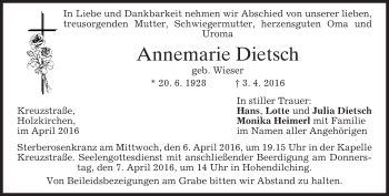 Traueranzeige von Annemarie Dietsch von merkurtz