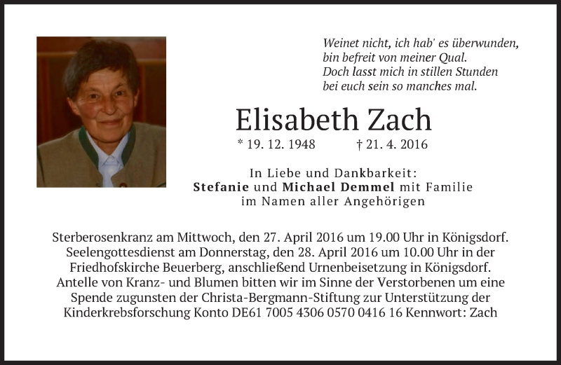 Traueranzeige für Elisabeth Zach vom 23.04.2016 aus merkurtz