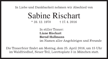 Traueranzeige von Sabine Rischart von merkurtz