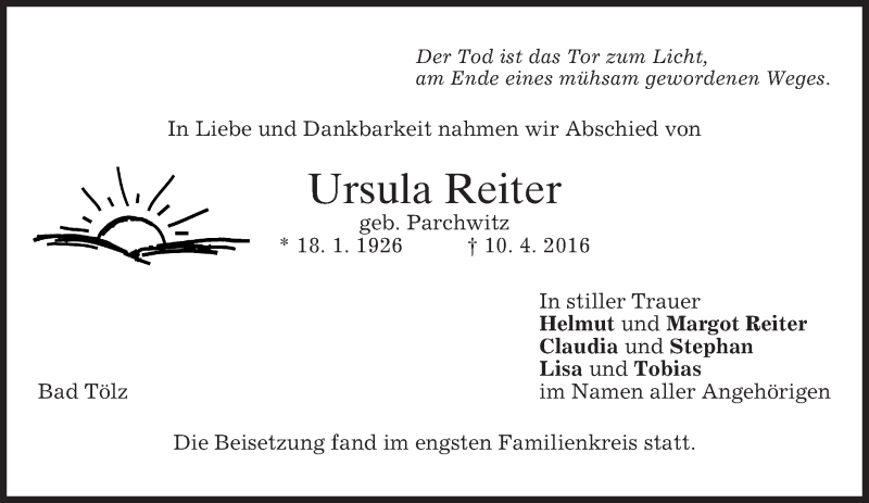  Traueranzeige für Ursula Reiter vom 16.04.2016 aus merkurtz